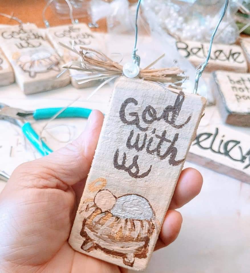 Handmade, hand painted ornaments. All created from reclaimed wood, Christmas tree trunks, tin, and more reclaimed things. A huge assortment of styles and themes from Christian, to crafty, to farmhouse, to pets and so much more. 