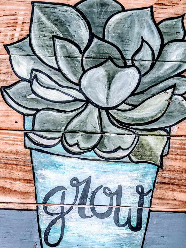 This art created on reclaimed wood and painted by Artist Chandra Carmack available on usable things such as mugs, stationary and more. If you love succulents this is the collection for you . 