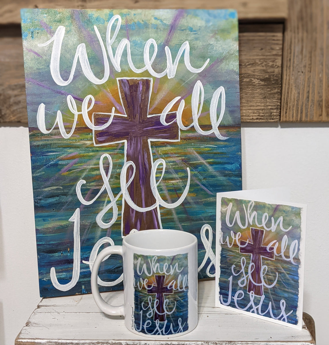 Original Artwork by Chandra Carmack When We All See Jesus Collection Art Mugs Stationary T-shirts tote bags heaven cross rapture ocean sea sunrise sunset wear your faith share your faith stickers notepads painting purple blue yellow sunburst usable art