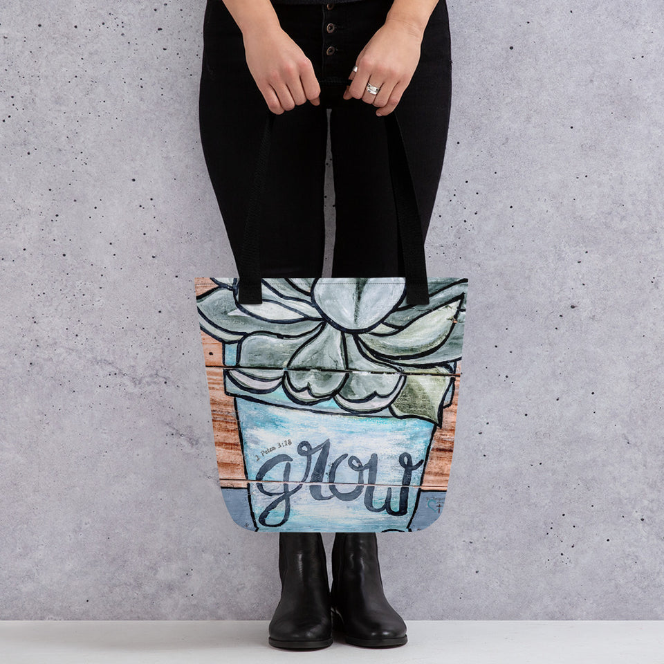 Tote bags with printed designs of original artwork and paintings by Artist Chandra Carmack. Designs based on Faith in Jesus, Love of gardening, Chickens, and much more. 