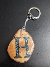 Load image into Gallery viewer, initial black letter key chain wood slice key holder glitter bark epoxy resin small mini iridescent  truck jeep car flex suv 
