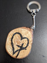 Load image into Gallery viewer, Handpainted Reclaimed Tree Trunk Initial Keychain Rustic Vintage Wood Jute Gift Tags Embellish Deco Keys lanyard personalized H irridescent
