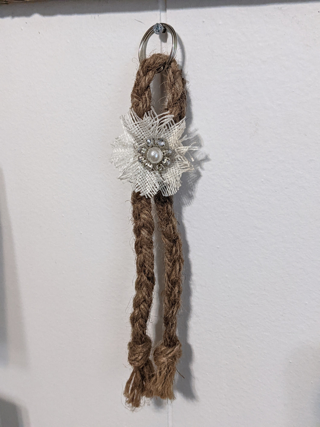 Braided Jute Keychain Handmade Embellished pearl rhinestone fabric flower