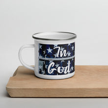 Load image into Gallery viewer, In God We Trust Enamel Mug American Flag Antique Window Original Photo and Art by Chandra Carmack of Re-Assigned
