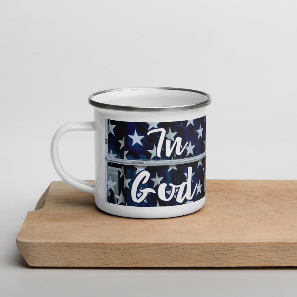 In God We Trust Enamel Mug American Flag Antique Window Original Photo and Art by Chandra Carmack of Re-Assigned