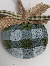 Load image into Gallery viewer, Handmade Blue &amp; Green Plaid Buffalo Christmas Ornament Reclaimed Tree Trunk Rustic Old Fashioned Vintage Wood Jute Holiday Ribbon Farmhouse
