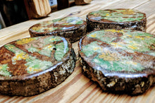 Load image into Gallery viewer, 4 pc set Outdoorsman Pecan Coasters Epoxy Resin Reclaimed Wood Table Protect Farmhouse Primitive Rustic Natural Embellished Simple Drink
