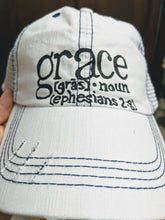 Load image into Gallery viewer, define grace gras noun ephesians 2 scripture ball cap trucker cap distressed mom white black 
