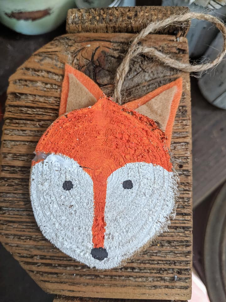 Handmade Woodland Creature Fox Christmas Ornament Reclaimed Tree Trunk Rustic Farmhouse Vintage Wood Simple Jute Holiday Kid Ears