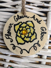 Load image into Gallery viewer, Handpainted Flower Gleam And Glow Ornament Vintage Wood Jute Primitive Gift Tags Kids Basket Teens Spring Sparkle Glitter Summer Gold Bloom
