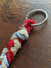 Load image into Gallery viewer,  gift accessories key chains refurbish lanyards bag purses car truck keys vintage homemade throw rug older rustic fabric unique organize braided 
