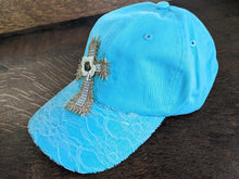 Load image into Gallery viewer, Ball Cap Trucker Cross Floral Burlap Ladies Country Ponytail Bonfires Football Games Fishing Camping Outdoor Ballgames Spring Summer Hiking
