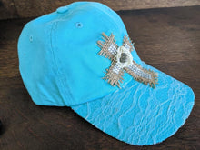 Load image into Gallery viewer, teal lace cross burlap bead rose bling rhinestone distressed ball cap trucker hat ladies 
