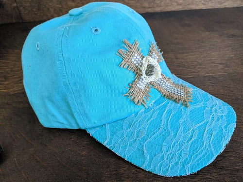 teal lace cross burlap bead rose bling rhinestone distressed ball cap trucker hat ladies 