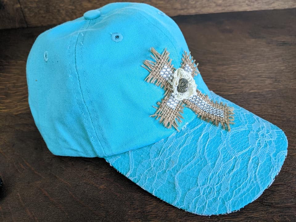 teal lace cross burlap bead rose bling rhinestone distressed ball cap trucker hat ladies 