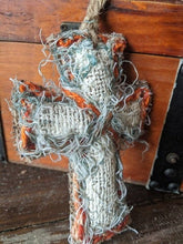 Load image into Gallery viewer, Boho Burlap Cross Ornament Rear View Mirror whimsical orange blue white stuffed Jesus God religious christian free saved faith trust love
