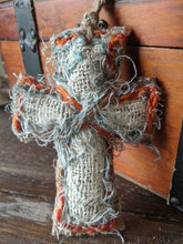 Load image into Gallery viewer, boho burlap upcycled fabric cross ornament white creme orange blue beige
