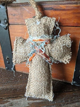 Load image into Gallery viewer, Boho Burlap Cross Ornament Rear View Mirror whimsical orange blue white stuffed Jesus God religious christian free saved faith trust love
