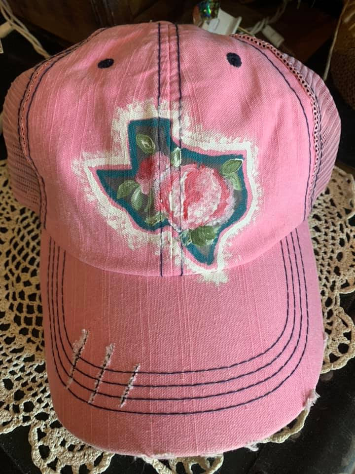 Hand Painted Women's Ball Cap Texas Floral Trucker Velcro Stitching Hat Ponytail Bonfires Baseball Games Fishing Camping Parties Outdoor