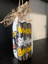 Load image into Gallery viewer, Farmhouse Decor Jars Pig What&#39;s Shakin&#39; Bacon Vases Hand Painted Catch All Budvase Repurposed Raffia Bow Polka Dot Bandana Fence Kitchen
