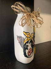 Load image into Gallery viewer, Farmhouse Decor Jars Pig What&#39;s Shakin&#39; Bacon Vases Hand Painted Catch All Budvase Repurposed Raffia Bow Polka Dot Bandana Fence Kitchen
