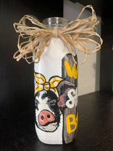 Load image into Gallery viewer, Farmhouse Decor Jars Pig What&#39;s Shakin&#39; Bacon Vases Hand Painted Catch All Budvase Repurposed Raffia Bow Polka Dot Bandana Fence Kitchen
