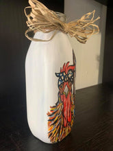 Load image into Gallery viewer, Farmhouse Decor Jars Chicken What&#39;s Kickin Chicken Vase Hand Painted Catch All Budvase Repurposed Raffia Bow Polka Dot Bandana Fence Kitchen
