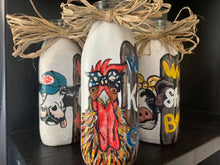 Load image into Gallery viewer, Farmhouse Decor Jars Moo Cow Hay Girl Hay Vases Hand Painted Catch All Budvase Repurposed Raffia Bow Coral Flower Ball Cap Fence Kitchen
