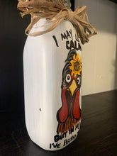 Load image into Gallery viewer, Farmhouse Decor Jars Chicken In My Head I&#39;ve Pecked You Vases Hand Painted Catch All Budvase Repurposed Raffia Bow Sunflower Fence Kitchen
