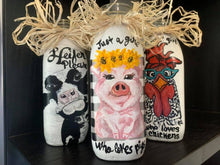 Load image into Gallery viewer, Farmhouse Decor Jars Just A Girl Who Loves Chickens Vases Hand Painted Catch All Budvase Repurposed Raffia Bow Fence Kitchen Bandana Glasses
