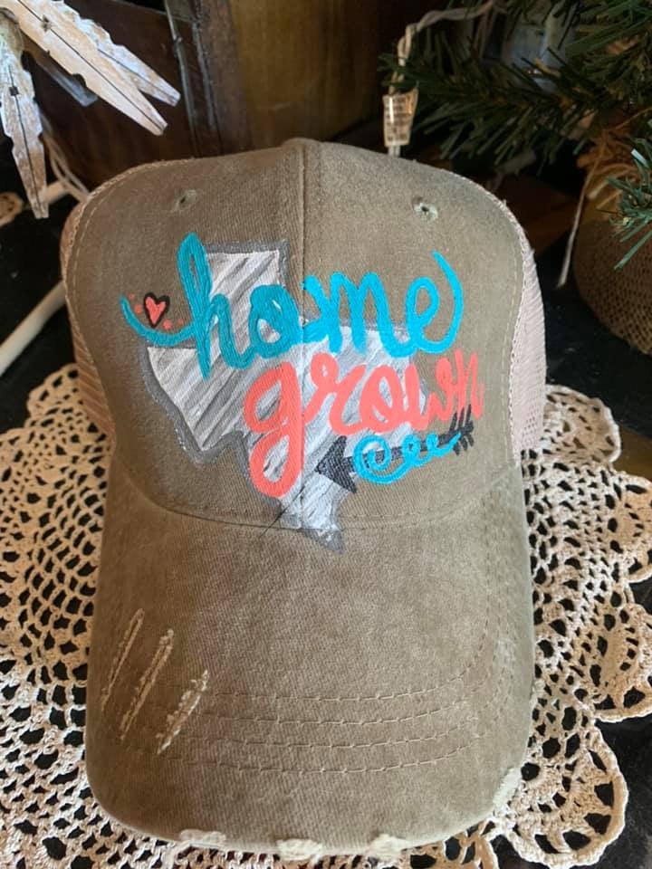 Hand Painted Women's Ball Cap Texas Home Grown Trucker Velcro Stitching Hat Ponytail Bonfires Baseball Games Fishing Camping Parties Outdoor