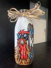 Load image into Gallery viewer, Farmhouse Decor Jars Chicken What&#39;s Kickin Chicken Vase Hand Painted Catch All Budvase Repurposed Raffia Bow Polka Dot Bandana Fence Kitchen
