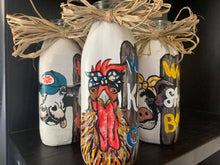 Load image into Gallery viewer, Farmhouse Decor Jars Chicken What&#39;s Kickin Chicken Vase Hand Painted Catch All Budvase Repurposed Raffia Bow Polka Dot Bandana Fence Kitchen
