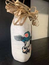 Load image into Gallery viewer, Farmhouse Decor Jars Moo Cow Hay Girl Hay Vases Hand Painted Catch All Budvase Repurposed Raffia Bow Coral Flower Ball Cap Fence Kitchen
