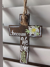 Load image into Gallery viewer, Because He Lives Cross Lily White Green Reclaimed Wood Jute Twine Hand Painted Faith Gift
