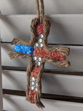 Load image into Gallery viewer, Handmade Upcycled Paneling American Pride Flag Cross Jute Twine Jesus Sequins Bejeweled Glitter Christian Patriot Good Friday Basket Easter
