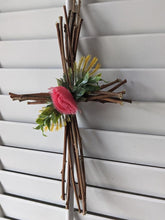 Load image into Gallery viewer, Handmade Upcycled Wisteria Vine Fabric Cross Jute Twine Jesus Because He Lives Christian Peony Good Friday Basket Simple Primitive Easter
