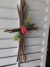 Load image into Gallery viewer, Handmade Upcycled Wisteria Vine Fabric Cross Jute Twine Jesus Because He Lives Christian Peony Good Friday Basket Simple Primitive Easter
