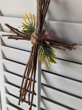 Load image into Gallery viewer, Handmade Upcycled Wisteria Vine Fabric Cross Jute Twine Jesus Because He Lives Christian Peony Good Friday Basket Simple Primitive Easter
