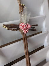 Load image into Gallery viewer, Handmade Upcycled Wisteria Vine Fabric Cross Jute Twine Jesus Because He Lives Christian Roses Good Friday Basket Simple Primitive Easter
