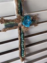 Load image into Gallery viewer, Handmade Upcycled Paneling Turquoise Cross Jute Twine Wire Jesus Floral Bejeweled Glitter Christian Good Friday Basket Easter Knotted Beads
