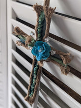 Load image into Gallery viewer, Handmade Upcycled Paneling Turquoise Cross Jute Twine Wire Jesus Floral Bejeweled Glitter Christian Good Friday Basket Easter Knotted Beads
