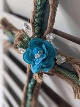 Load image into Gallery viewer, Handmade Upcycled Paneling Turquoise Cross Jute Twine Wire Jesus Floral Bejeweled Glitter Christian Good Friday Basket Easter Knotted Beads
