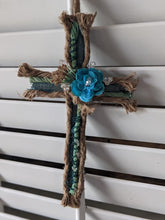 Load image into Gallery viewer, Handmade Upcycled Paneling Turquoise Cross Jute Twine Wire Jesus Floral Bejeweled Glitter Christian Good Friday Basket Easter Knotted Beads
