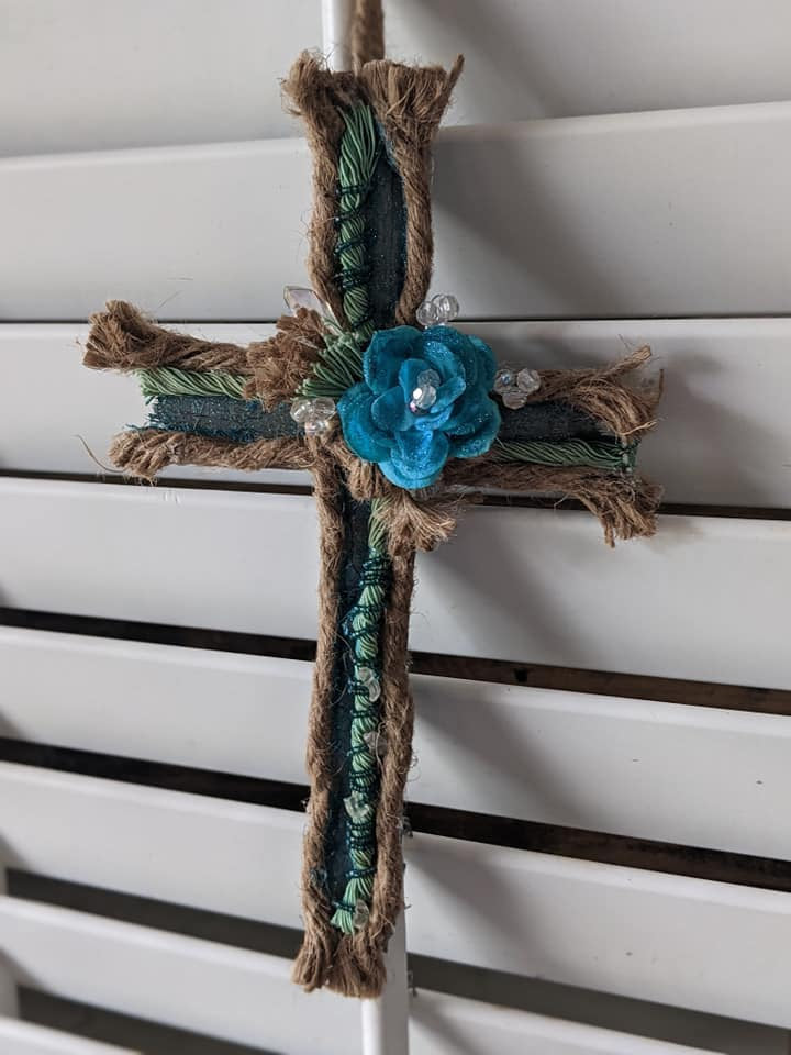 Handmade Upcycled Paneling Turquoise Cross Jute Twine Wire Jesus Floral Bejeweled Glitter Christian Good Friday Basket Easter Knotted Beads