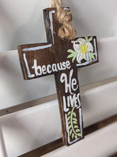 Load image into Gallery viewer, Handmade Handpainted Upcycled Paneling Cross Jute Twine Whitewashed Easter Lily Jesus Because He Lives Christian Reuse Good Friday Basket
