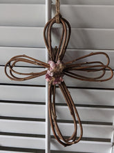 Load image into Gallery viewer, Handmade Upcycled Wisteria Vine Fabric Cross Jute Twine Jesus Because He Lives Christian Reuse Good Friday Basket Simple Primitive Easter
