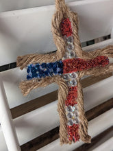 Load image into Gallery viewer, Handmade Upcycled Paneling American Pride Flag Cross Jute Twine Jesus Sequins Bejeweled Glitter Christian Patriot Good Friday Basket Easter
