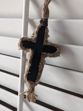 Load image into Gallery viewer, Handmade Upcycled Paneling Old &quot;RUG&quot;ged Cross Jute Twine Leather Jesus Christian Good Friday Basket Easter Primitive Simplistic Man Dad Gift
