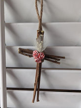 Load image into Gallery viewer, Handmade Upcycled Wisteria Vine Fabric Cross Jute Twine Jesus Because He Lives Christian Roses Good Friday Basket Simple Primitive Easter
